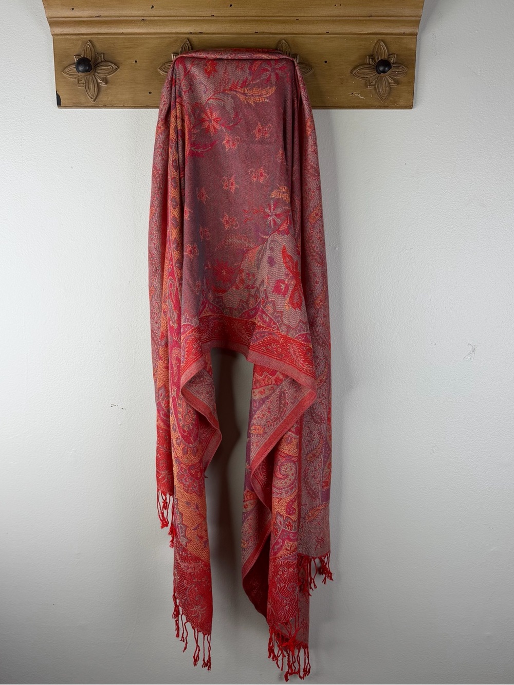 Vintage Jerusalem 100% Cashmere Paisley Scarf Wrap Red Orange 27x72